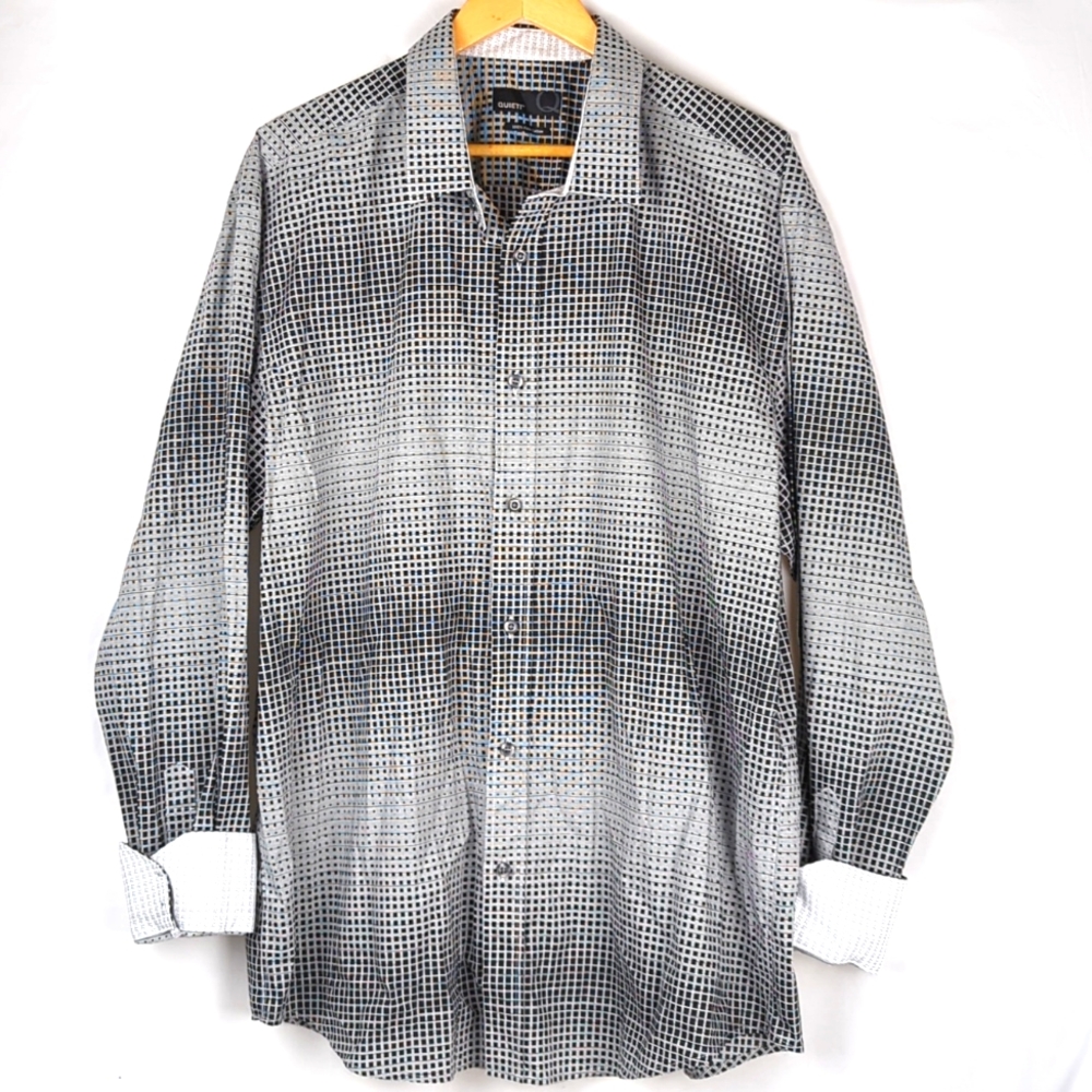 QUIETI Men's Long Sleeve Black & White Check Fine Cotton Dress Shirt